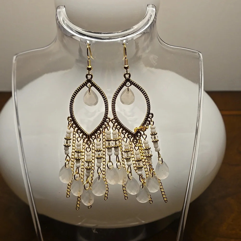 Bohemia White Beaded Waterdrop Dangle Earrings Handmade Beaded Tassel Hollow